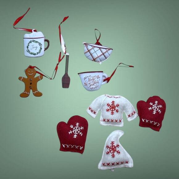 Mini Christmas Tree Ornaments set/9 Red & White NEW - Picture 2 of 3